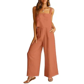 DAMES 2DELIGE KLEDING LINNEN TANKTOP MET VIERKANTE HALS BROEK MET WIJDE PIJPEN VOOR OUD EN NIEUW